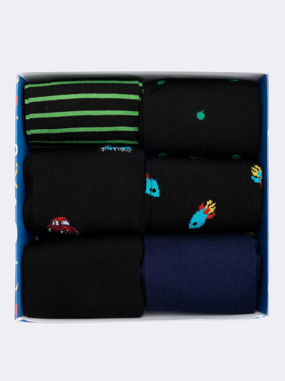 Scatola regalo Ciocca 6 paia calze uomo lunghe fantasia mix in fresco cotone