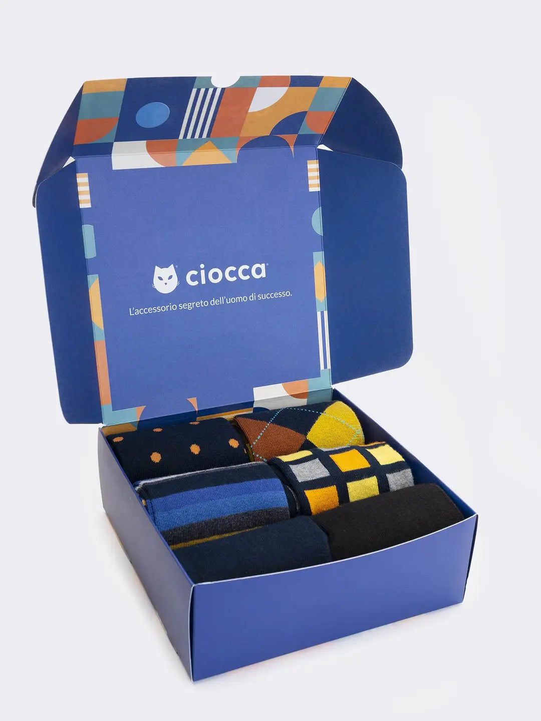 Scatola regalo calze uomo in cotone caldo, 6 paia  fantasie geometriche